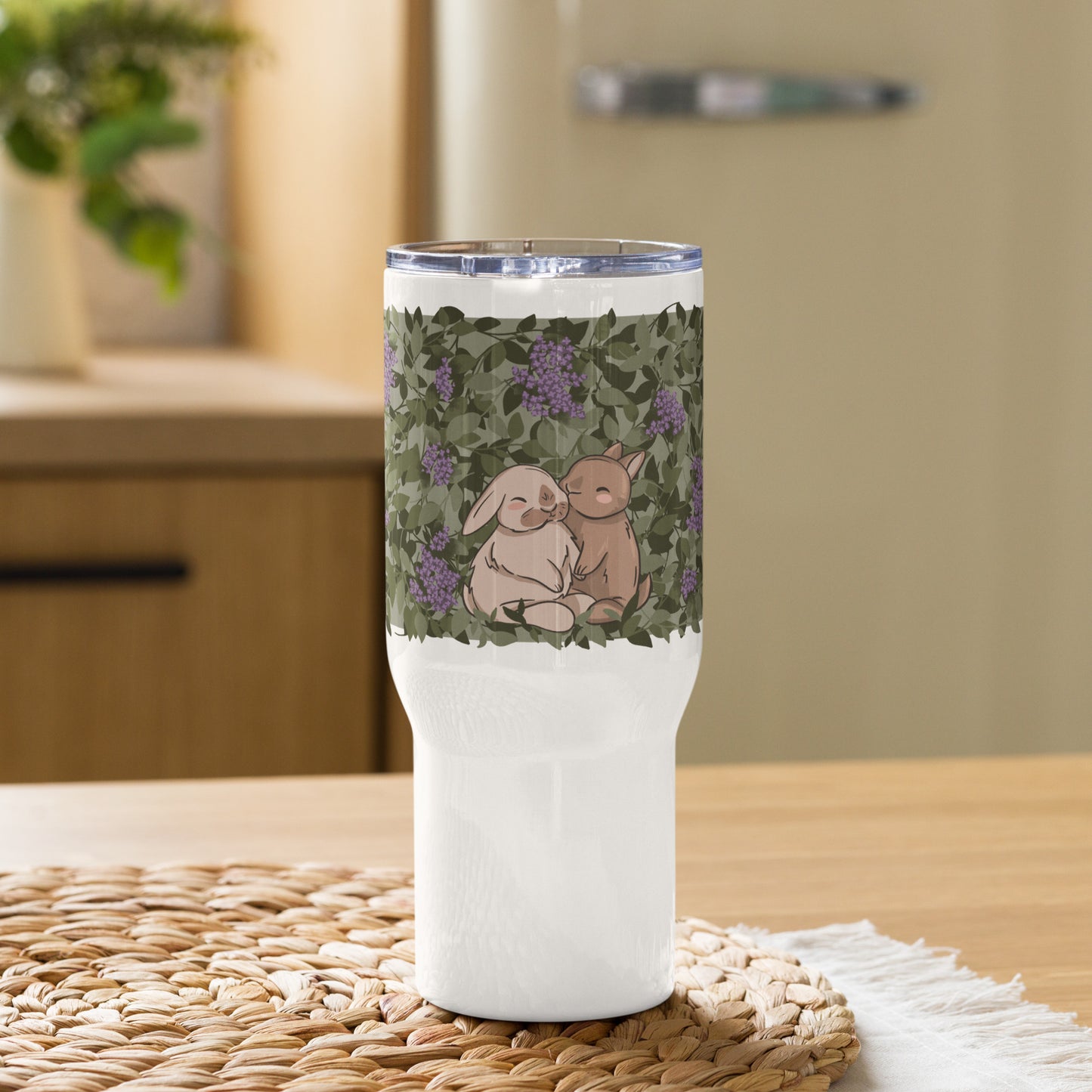 Cuddling Bunnies in Flowers - Travel mug with a handle
