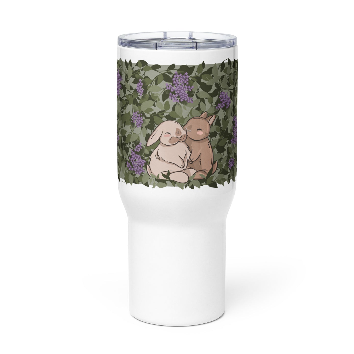 Cuddling Bunnies in Flowers - Travel mug with a handle