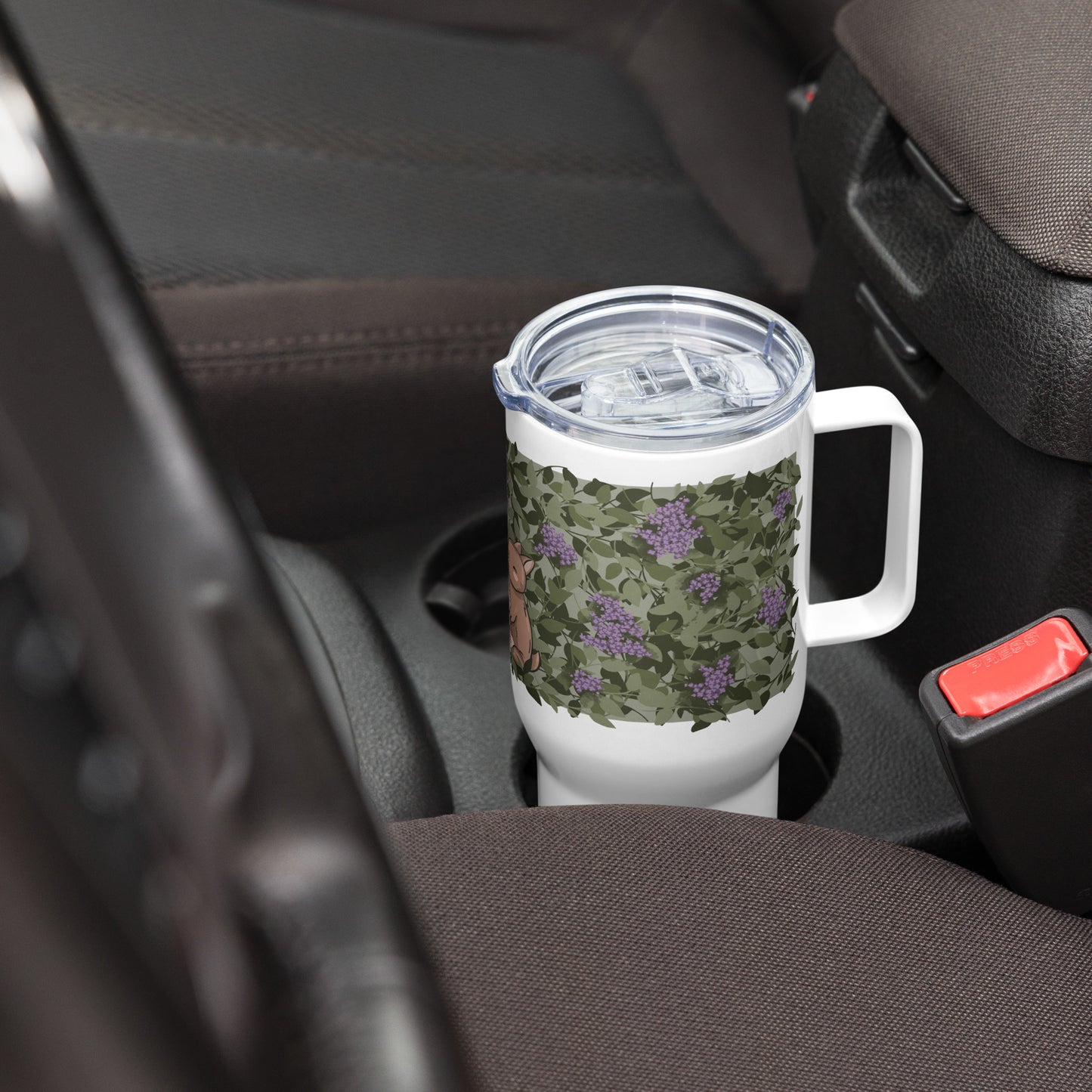 Cuddling Bunnies in Flowers - Travel mug with a handle