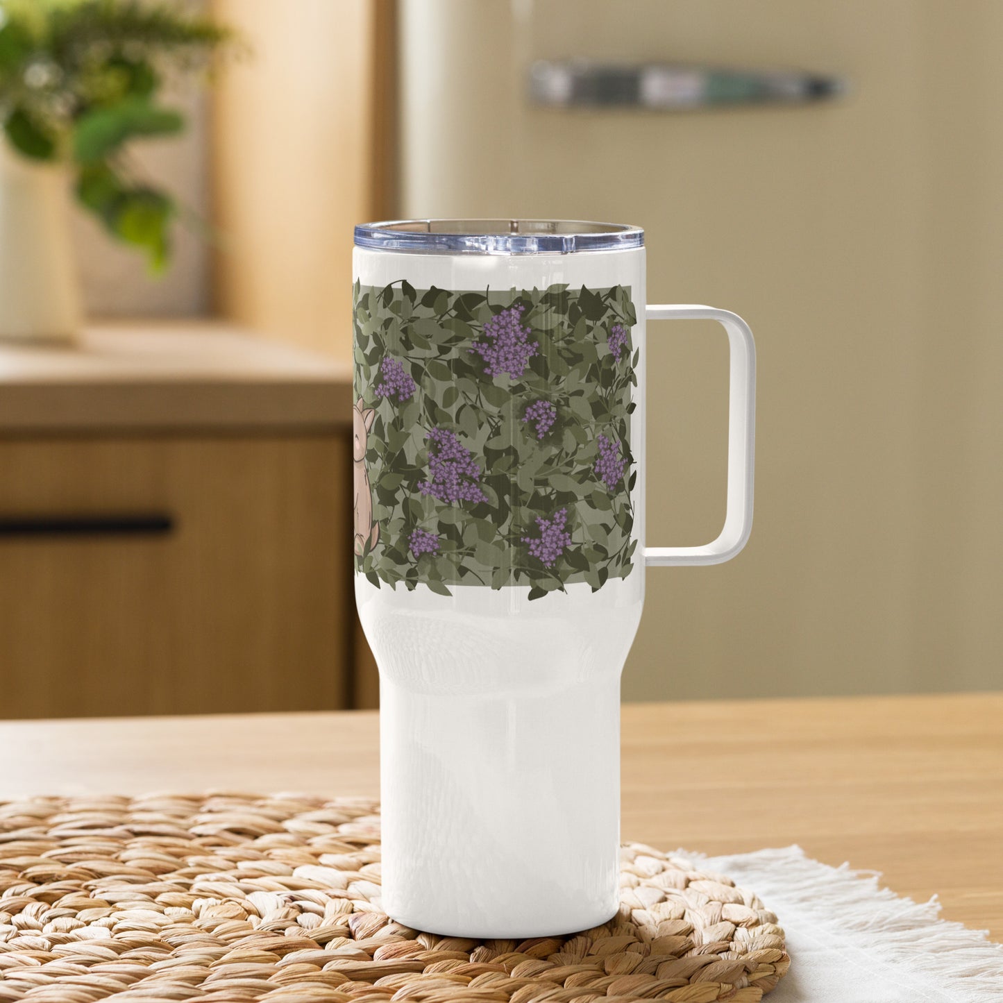 Cuddling Bunnies in Flowers - Travel mug with a handle