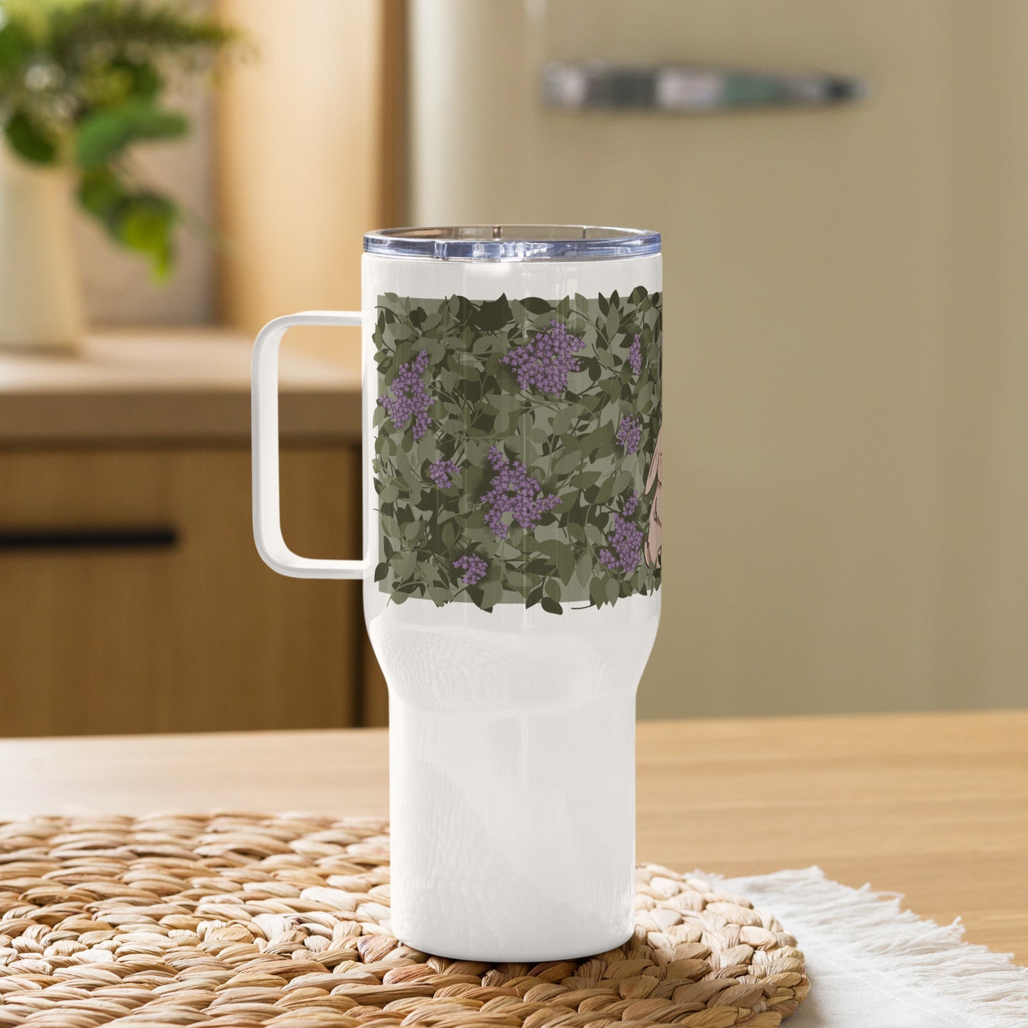 Cuddling Bunnies in Flowers - Travel mug with a handle